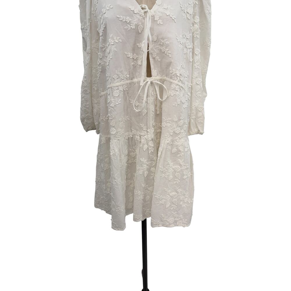 & Other Stories Embroidered Tie Front Cotton Mini Dress White US 12 - Picture 4 of 12